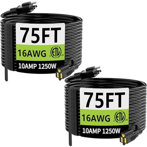 HUANCHAIN Indoor Outdoor Black Extension Cord 75 Ft 2 Pack Waterproof, 16/3 Gauge Flexible Cold-Resistant Appliance Extension Cable Outside, 10A 1250W 16AWG SJTW, 3 Prong Electric Cord, ETL - color: Black, size: 75FT-2pcs, style: 16/3 Extension Cord