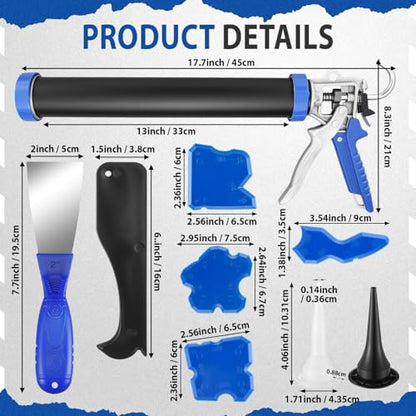 Lasnten Sausage Caulk Gun Kit 600ml/20oz Heavy Duty Silicone Sausage Gun Thrust Ratio 25: 1no-drip Rotating Aluminum Tube Body and Caulking Tools, Sealant Grout Scraper for Kitchen Bathroom Sink Joint