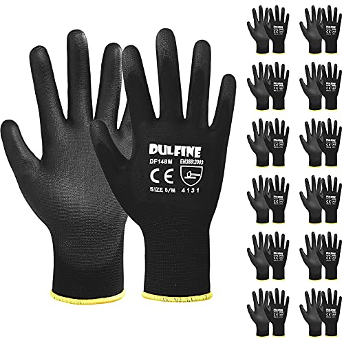 DULFINE Ultra-Thin PU Coated Work Gloves-12 Pairs,Excellent Grip,Nylon Shell Black Polyurethane Coated Safety Work Gloves, Knit Wrist Cuff,Ideal for Light Duty Work. (X-Small) - color: Black, size: X-Small