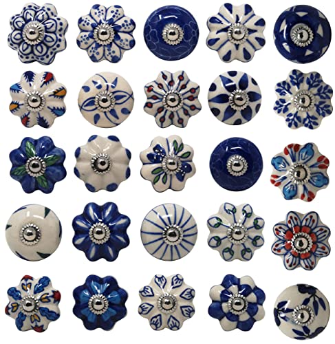 Ajuny Set of 25 Ceramic Knobs Colorful Blue for Kitchen Cabinets Bathroom Cupboards Dresser Drawers Chest Handmade Pottery Decorative Knobs - size: Set of 25