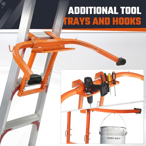 Ladder Stabilizer with Tool Tray & Hook, Heavy Duty Steel Extension Ladder Stabilizer for Roof Gutter/Wall, Stable Ladder Standoff with Wing Span and Non-Slip Rubber Feet, Ladder Accessories