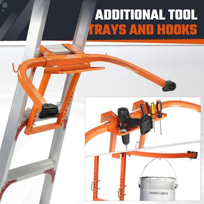 Ladder Stabilizer with Tool Tray & Hook, Heavy Duty Steel Extension Ladder Stabilizer for Roof Gutter/Wall, Stable Ladder Standoff with Wing Span and Non-Slip Rubber Feet, Ladder Accessories