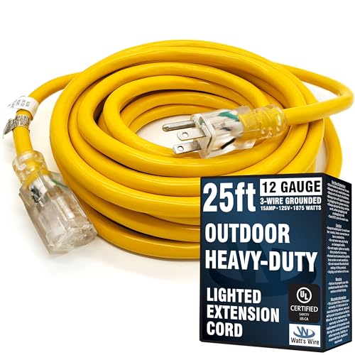 25 ft Outdoor Extension Cord Waterproof - 12 Gauge Heavy Duty Extension Cord 25 ft - Lighted Outdoor Extension Cords - Watts Wire - 25' Grounded - extensiones electricas - size: 25 Ft