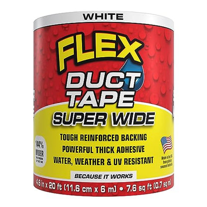 Flex Duct Tape, Super Wide, 4.6 Inches x 20 Feet, White, Heavy Duty Strong, Multi-Surface, Water, Weather and UV Resistant, Tearable, Perfect for Boxes, No Residue - color: White, size: 4.6" X 20'