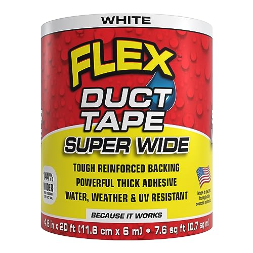 Flex Duct Tape, Super Wide, 4.6 Inches x 20 Feet, White, Heavy Duty Strong, Multi-Surface, Water, Weather and UV Resistant, Tearable, Perfect for Boxes, No Residue - color: White, size: 4.6" x 20'