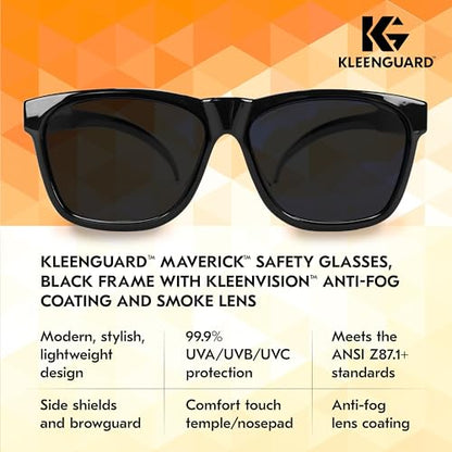KleenGuard™ V30 Maverick™ Safety Glasses (56569), Smoke Lenses with KleenVision™ Anti-Fog coating, Black Frame, Carrying Case, Unisex Sunglasses for Men and Women - color: Black Frame/Smoke Lenses