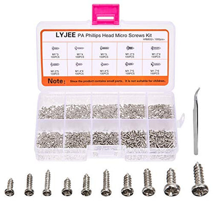 1000Pcs mini Screw kit M1 M1.2 M1.4 M1.7 Phillips pan Head Micro Screws Self-Tapping Electronic Small Metric Screw PA Nickel-Plated - color: Silver