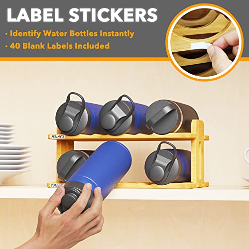 SpaceAid Bamboo Water Bottle Organizer with Labels, Kitchen Pantry Water Bottle Storage Rack for Cabinets, Home Cup and Wine Bottle Holder Shelf Organizers, (2-Tier, Hold 6 Bottles) - size: 2-Tier, 6 Bottles