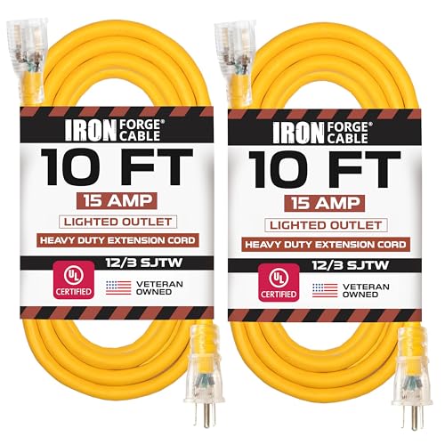 IRON FORGE CABLE 2 Pack of 10 Foot Outdoor Extension Cords - 12/3 SJTW Heavy Duty Lighted Yellow Extension Cable Set, 15 AMP - size: 10ft-2pk