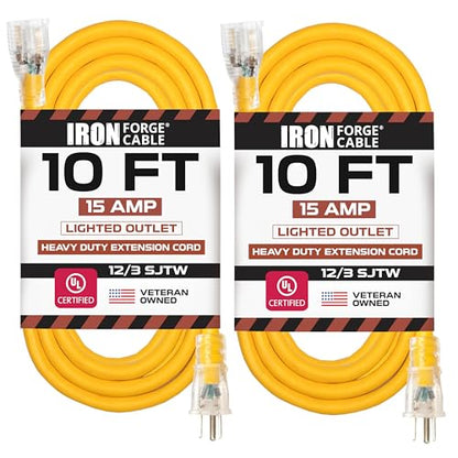 IRON FORGE CABLE 2 Pack of 10 Foot Outdoor Extension Cords - 12/3 SJTW Heavy Duty Lighted Yellow Extension Cable Set, 15 AMP - size: 10ft-2pk