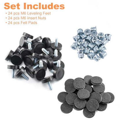 NEWBYTEK 24 Pack M6 Thread Adjustable Furniture Levelers with Self-Adhesive Felt Pads – 1" Leveling Feet & Floor Protectors for Chairs, Tables on Hardwood Floors