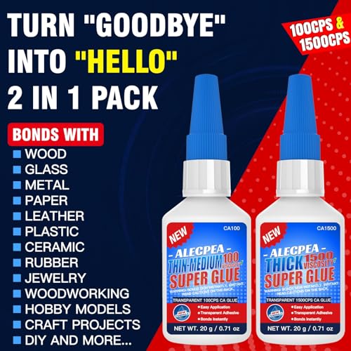 40g(1.4oz) 100/1500 CPS (Thin/Thick) CA Glue, Cyanoacrylate Super Glue for Wood, Glass, Metal, Paper, Leather, Plastic, Ceramic, Rubber, Jewelry, Woodworking, Hobby Models, and Craft Project - size: Clear/100CPS+1500CPS