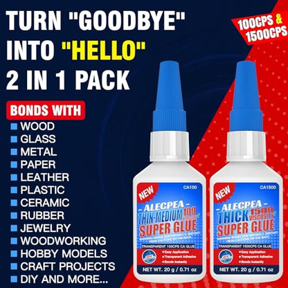 40g(1.4oz) 100/1500 CPS (Thin/Thick) CA Glue, Cyanoacrylate Super Glue for Wood, Glass, Metal, Paper, Leather, Plastic, Ceramic, Rubber, Jewelry, Woodworking, Hobby Models, and Craft Project - size: Clear/100CPS+1500CPS