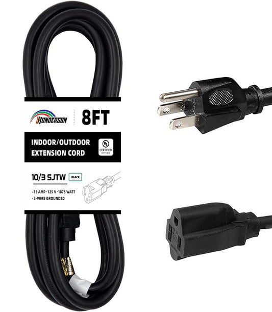 Indoor Outdoor Extension Cord Weatherproof, UL Certified, 10 Gauge 8FT Black 3 Prong Heavy Duty, 10/3 SJTW 15A Power Cord for Outdoor Lights, Appliances, Lawn - color: Black, size: 8FT, style: 10/3