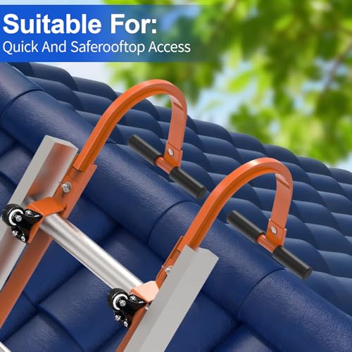 Roof Ladder Hook, 2 Pack Ladder Stabilizer with Wheel, Heavy Duty Steel 500 Lbs Weight Ratin Roof Ridge Extension, Rubber Grip T-Bar for Damage Prevention, Fast and Easy Setup to Access Steep Roofs
