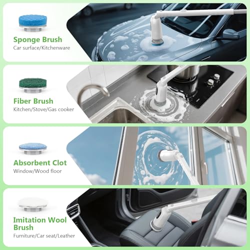 Electric Spin Scrubber, Cordless Cleaning Brush, 3H Work Time, Bathroom Scrubber with LED Display, 3-Speed Extendable Handle, IPX7 Waterproof, 8 Brush Heads for Shower, Tile, Tub, Floor, Toilet, Grout
