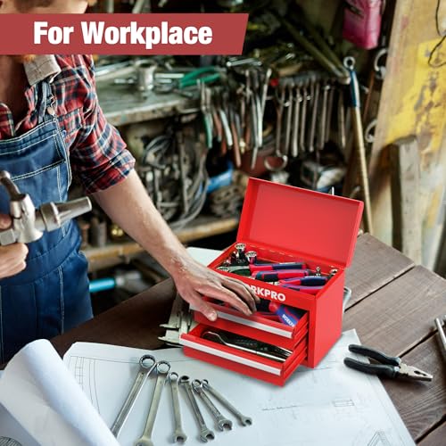 WORKPRO Mini Metal Tool Box with 2 Drawers and Top Storage, Small Tool Chest with PVC Liners and PP Feet Pads, Cold Rolled Steel Toolbox with Magnetic Tab - color: Red