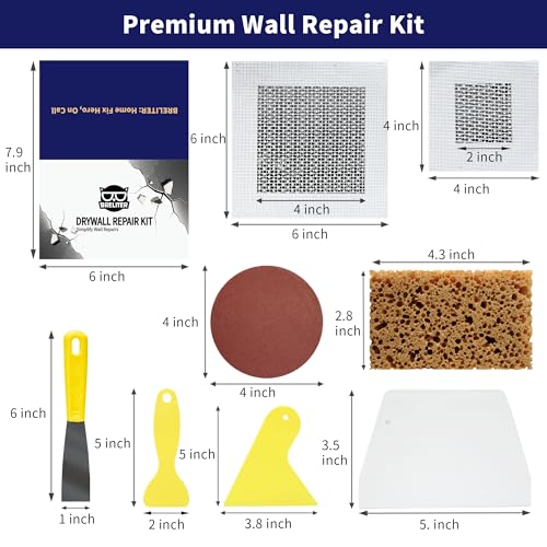 Breliter Drywall Patch Repair Kit - Premium All-in-One Repair Set (Patches/Scrapers/Sandpaper/Texture Sponge/Putty Knife) for Wall Holes, Cracks, Graffiti & Stains, Formaldehyde-Free, White (8.8oz)