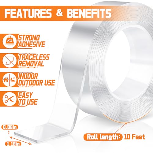 Double Sided Tape Heavy Duty, 1.18" x 120" Clear Double Sided Mounting Tape, Removable and No Residue for Indoor and Outdoor Use, Picture Frames and Home Decor, 10 Feet