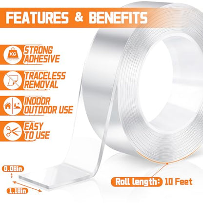 Double Sided Tape Heavy Duty, 1.18" x 120" Clear Double Sided Mounting Tape, Removable and No Residue for Indoor and Outdoor Use, Picture Frames and Home Decor, 10 Feet