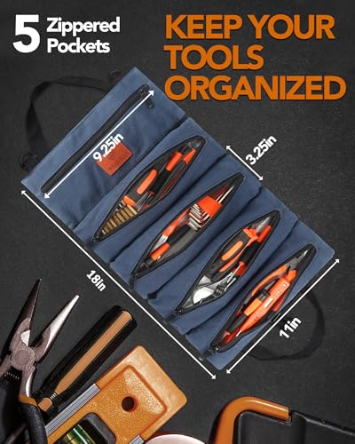 Roll Up Tool Bag, 16OZ Canvas Wrench Roll Up Pouch Multi-Purpose Tool Roll Organize, 5 Zippered Tool Pockets (Blue) - color: Blue, size: 5 Zipper Pockets