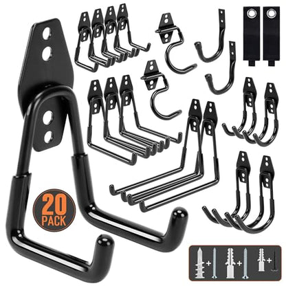 TONDA Garage Hooks, 20 Pack Garage Organization, Wall Storage Hooks Heavy Duty for Hanging Bike, Ladder, Garden Tools, Hose and Ropes, Black - color: Black