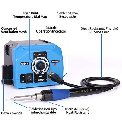 YIHUA 936A II Soldering Iron Station Kit, 65W with Intelligent Working Light. Easily Adjustable from 392℉～896℉. With Plug-in Iron Handle, a Solder Iron Stand, Solder Wire & 5 extra Solder Tips.