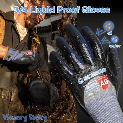 Schwer ANSI A9 Cut/Abrasion Resistant Gloves for Heavy Duty Work, 18 Gauge 3/4 Double Dipped Nitrile Coating for Construction, Gardening, Water & Oil Proof, Anti Slip, Touch Screen, PM3202, Black, XL - size: X-Large