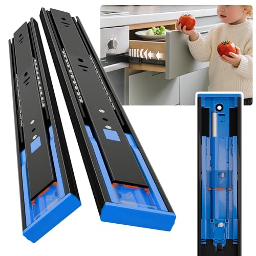 Push to Open Soft Close Drawer Slides 1 Pair 10 12 14 16 18 20 22 24 Inch 100 LB Load Capacity Side Mount Full Extension Cabinet Runner Ball Bearing Kitchen Dresser Glide（Black,14inch） - color: Soft Close& Push to open, size: 14 Inch