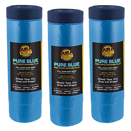 Dura-Gold 106" Wide x 46' Long Roll of Pure Blue Pre-Taped Masking Film, 3 Pack, Pre-Folded Overspray Paintable Plastic Protective Sheeting, Pull Down Drop Sheet - Auto Painting, Cover Walls Furniture - size: 106-inch