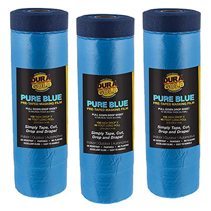 Dura-Gold 106" Wide x 46' Long Roll of Pure Blue Pre-Taped Masking Film, 3 Pack, Pre-Folded Overspray Paintable Plastic Protective Sheeting, Pull Down Drop Sheet - Auto Painting, Cover Walls Furniture - size: 106-inch