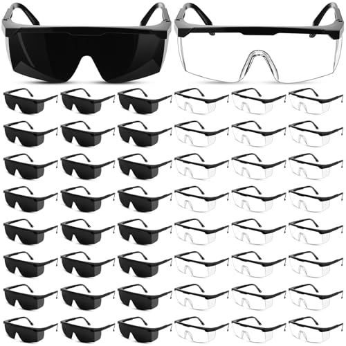 Treela 50 Pcs Safety Goggles Bulk Anti-Fog Glasses with Adjustable Temples and Wraparound Lenses Scratch Resistant Safety - color: Clear and Black