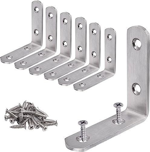 YUMORE L Bracket Corner Brace, 6Pcs 65x65mm Joint Right Angle Brackets Heavy Duty Stainless Steel 90 Degree Bracket Fastener for Wood Shelves Chair Tables Dressers Furniture with Screws - color: Brushed Nickel, size: 2.56"x2.56"