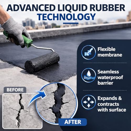 Black Liquid Rubber Waterproof Coating - Industrial Grade Sealer for Foundation & Flat Roof Repair - Heavy Duty Waterproofing Membrane for Concrete, Wood & Metal - UV Resistant - 1 Quart - color: BLACK