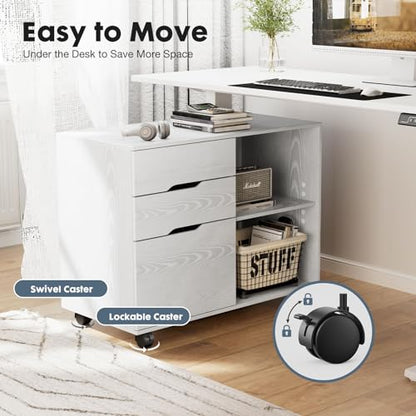 DUMOS Lateral File Cabinet with 3 Drawers Rolling Filing Cabinets Under Desk Storage Printer Stand Wood Organizer with Wheels Adjustable Shelf for Office Home Small Space, White - color: Classic White