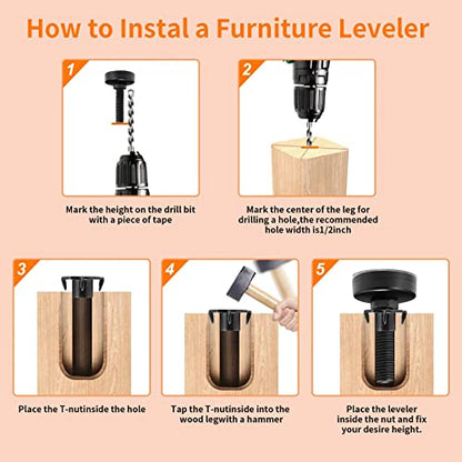 NANMOTUE Leveling Feet, Adjustable Furniture Levelers for Furniture Leg Levelers, Table Chairs Cabinets Sofa Raiser, Heavy Duty Support 2640LBs, T- Nut Kit 3/8”-16 Thread, Large Base (8 Set, Black) - color: 8 Set