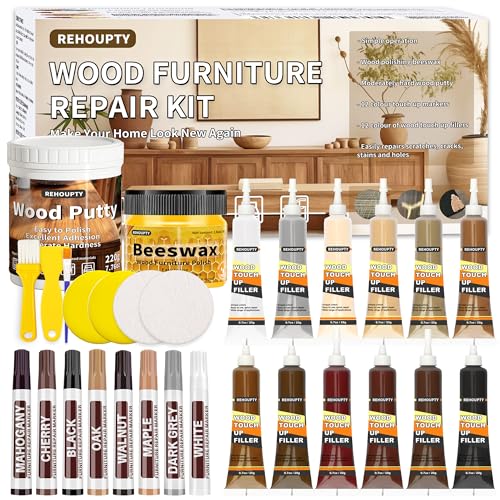Wood Furniture Repair Kit, All-in-One Laminate Floor Repair Kit - Wood Putty, 12 Colors Wood Filler & 8 Colors Furniture Markers and Beeswax, Wood Repair for Scratch Cracks Hole Discoloration