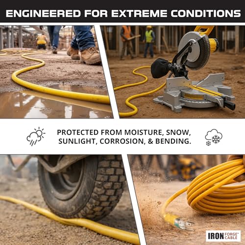 Iron Forge Cable 100ft Outdoor Extension Cord, Lighted with 3 Electrical Power Outlets - 12/3 Gauge SJTW Heavy Duty Extension Cable, Yellow, 15 AMP - 3 Pronged with Grounded Plug for Improved Safety - size: 100 Foot, style: 1 Pack