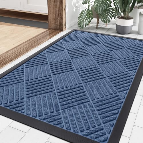 Smiry Front Door Mat Outside Entrance, Heavy Duty Outdoor Indoor Natural Rubber Doormat, Non Slip, Trap Dirt and Moisture, Easy Clean, Low Profile Patio Porch Entryway Mat, 35x23, Blue - color: Blue, size: 35" X 23"