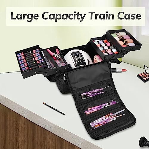 Deciniee Travel Makeup Bag, 4 Trays Large Cosmetic Bag for Woman with Adjustable Dividers, Organizer Bag Waterproof, Travel Essentials Cosmetic Bag, Train Case for Nail Tech Black - color: Black PU Rhombic Regular