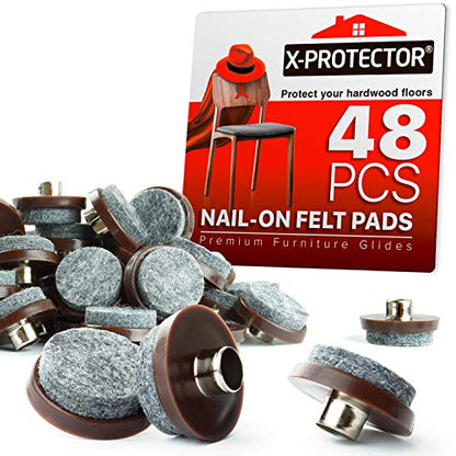 Nail On Felt Pads X-Protector - 48 Felt Furniture Pads – 1" Chair Felts Pads for Furniture Feet - Floor Protectors for Furniture Legs - Best Heavy Duty Felt Chair Pads for Hardwood Floors!