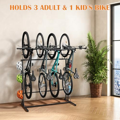 OYEAL Vertical Bike Stand, Free Standing Bike Rack Garage with 6 Hooks, Indoor/Outdoor Floor Bike Storage for 3 Adult Mountain/Road &1 Kids Bikes, Max Tire Width 2.6”, Black