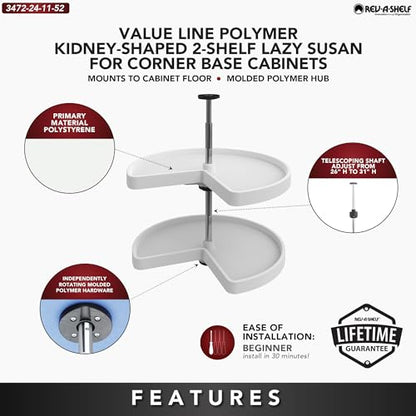 Rev-A-Shelf 2 Tier Kidney Cut Lazy Susan for Corner Base Cabinets, Plastic, 24" Double Shelf Swivel Kitchen Spice/Can Organizer, White, 3472-24-11-52 - size: 24 inch