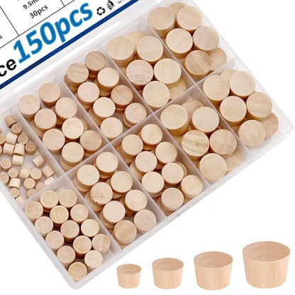 smseace 150Pcs 4-Sizes Wood Plugs 3/16" 5/16"，3/8"，1/2" Wooden Hole Plugs for Holes in Furniture/Table and Chair Legs/Cabinet Reserved Holes/Outdoor Equipment Wood Plugs Assortment Kit - style: Round Wood Plugs
