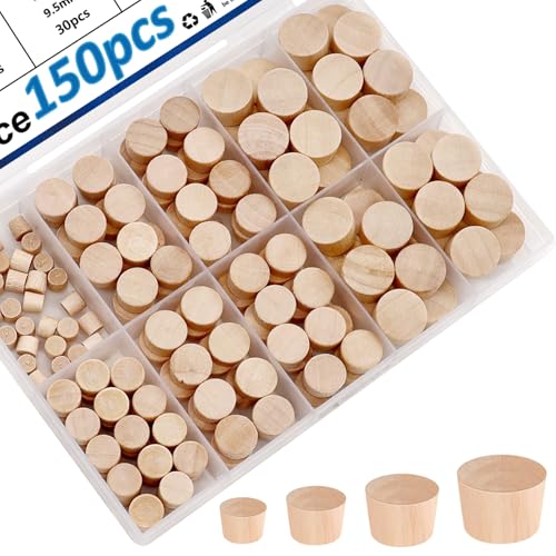 smseace 150Pcs 4-Sizes Wood Plugs 3/16" 5/16"，3/8"，1/2" Wooden Hole Plugs for Holes in Furniture/Table and Chair Legs/Cabinet Reserved Holes/Outdoor Equipment Wood Plugs Assortment Kit - style: Round Wood Plugs