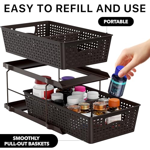 Simple Houseware 2 Tier Bathroom Organizer Tray Pull-Out Sliding Drawer, Under Sink Storage, Brown - color: Brown
