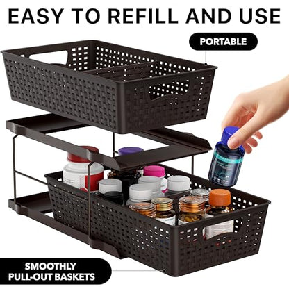 Simple Houseware 2 Tier Bathroom Organizer Tray Pull-Out Sliding Drawer, Under Sink Storage, Brown - color: Brown