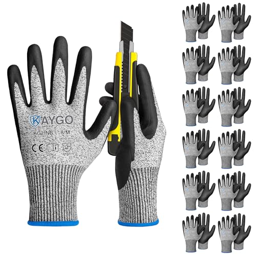 KAYGO 12 Pairs Cut Resistant Work Gloves for Men and Women,ANSI A3 Cutting Gloves,Nitrile Micro-Foam Safety Work Gloves KG21NB,Ideal for Wood Carving,Glass Handling, Construction,Fishing,Grey,M - color: Grey, size: Medium (Pack of 12)