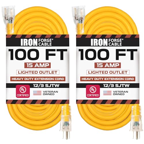 IRON FORGE CABLE 2 Pack of 100 Foot Lighted Outdoor Extension Cord - 12/3 SJTW Heavy Duty Yellow Extension Cable with 3 Prong Grounded Plug for Safety, 15 AMP - Great for Garden and Major Appliances - size: 100 Foot - Pack of 2