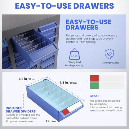 40 Drawer Parts Cabinet,330 Lb Nut and Bolt Storage Cabinet,Abs Nut and Tool Storage Organizer,with Dividers and Labels,Suitable for Studio,Laboratory and Home Use/Blue - size: Parts Cabinet:21X9X25 in